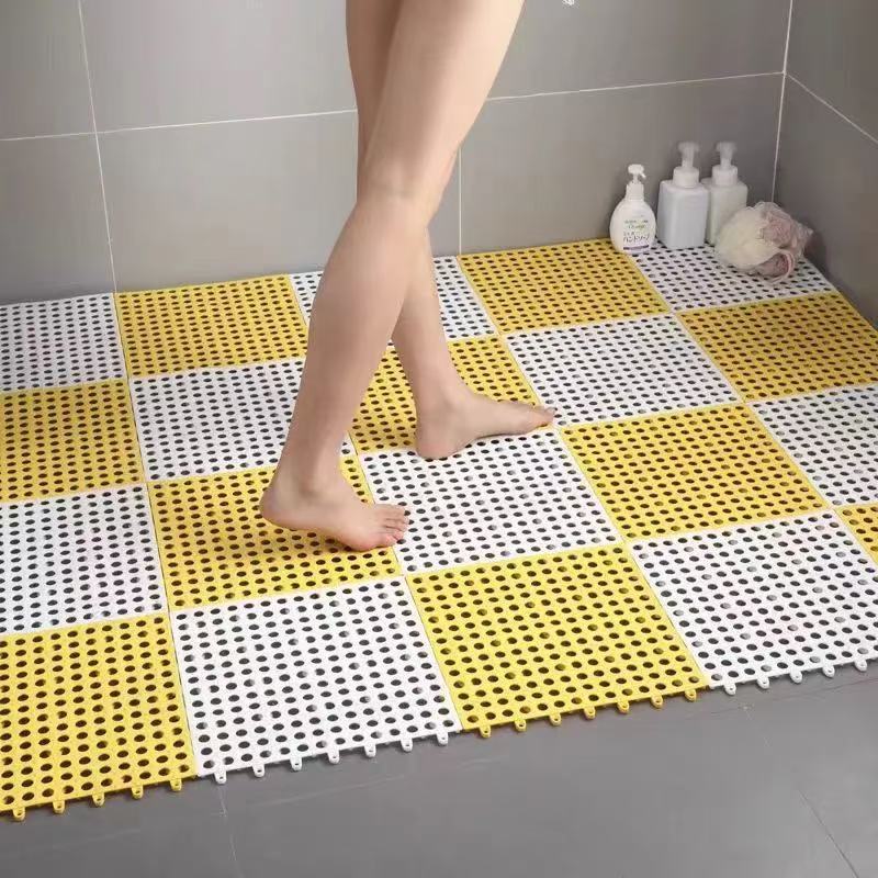 White And Yellow DIY Interlocking Non-Slip Floor Tiles - 18-Pack PVC Drainage Mat for Shower & Bathroom Safety