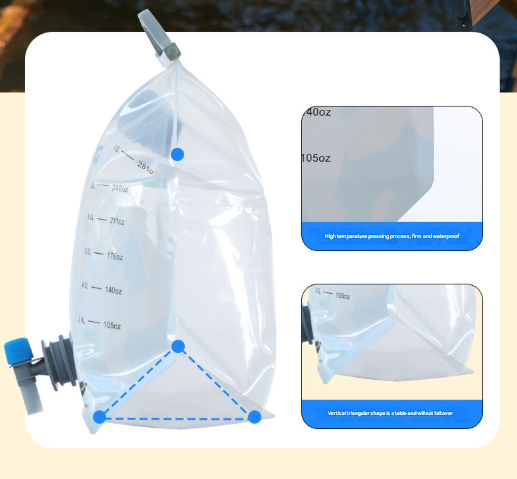 2 Pcs Grey 8L Foldable Water Bag - Large Capacity Portable Water Carrier with Spigot for Camping & Outdoors