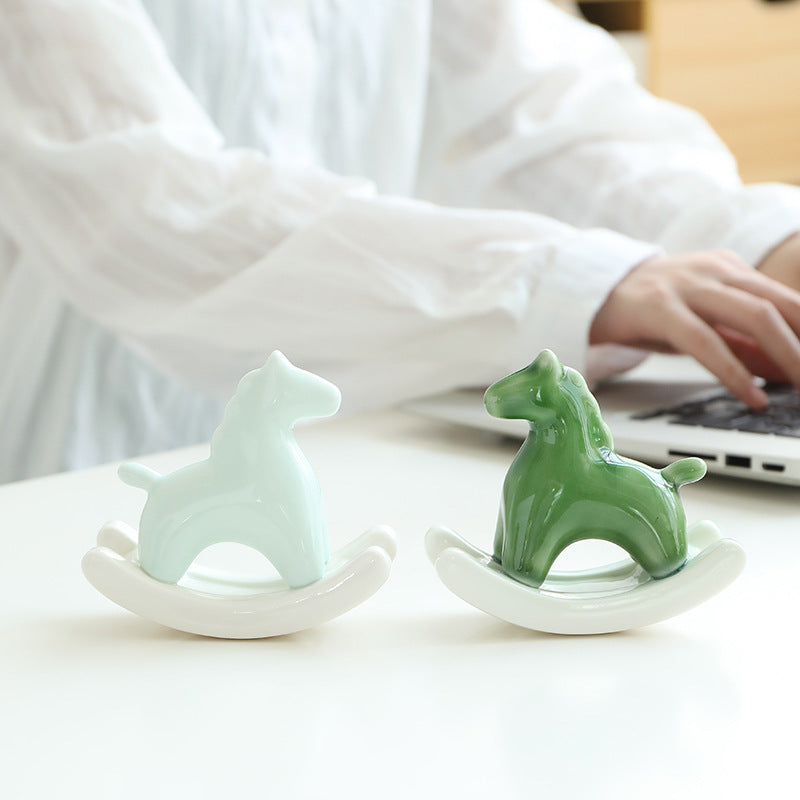 Light Green Modern Ceramic Rocking Horse Ornament - Cute Porcelain Figurine for Desk & Shelf Decor