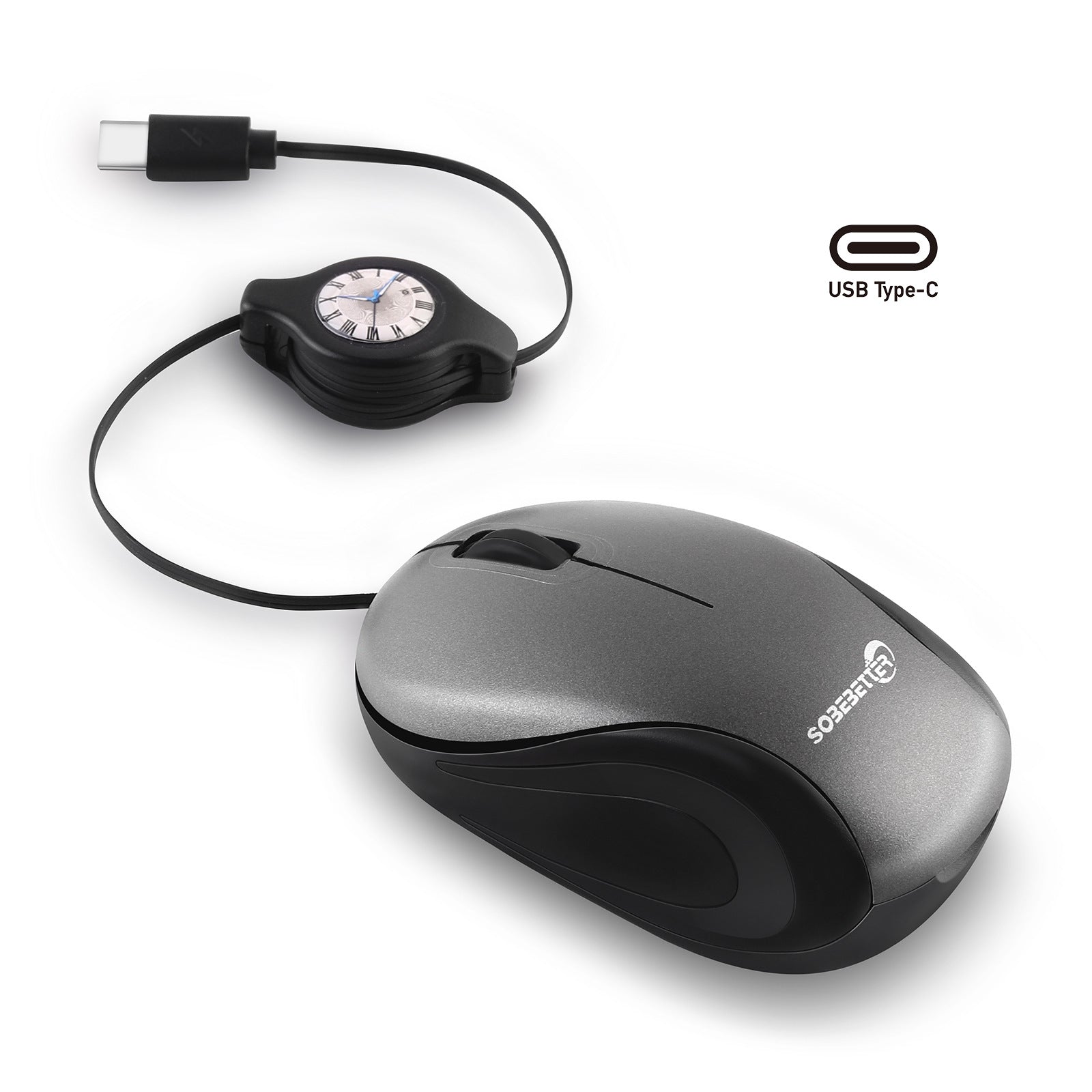 Grey and Black Portable Mini USB-C Mouse with Retractable Cable - Silent Click Travel Mouse for Laptop, MacBook, Tablet