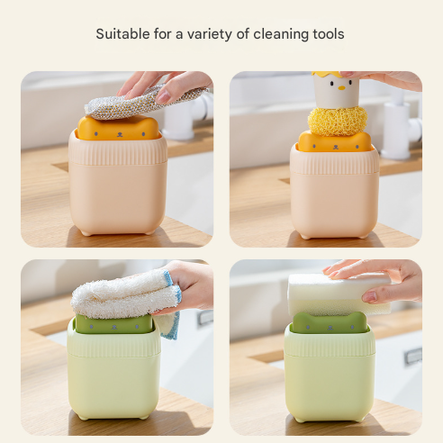 2 Pcs ( Green + Yellow ) Cute Cat Press-to-Dispense Soap Pump & Sponge Caddy for Kitchen Sink