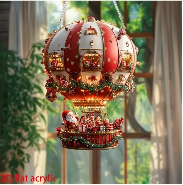 Red Whimsical Santa's Hot Air Balloon Ornament - 2D Flat Acrylic Hanging Decoration for Wall & Tree