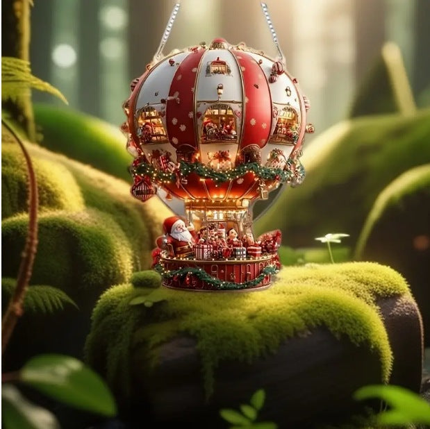 Red Whimsical Santa's Hot Air Balloon Ornament - 2D Flat Acrylic Hanging Decoration for Wall & Tree