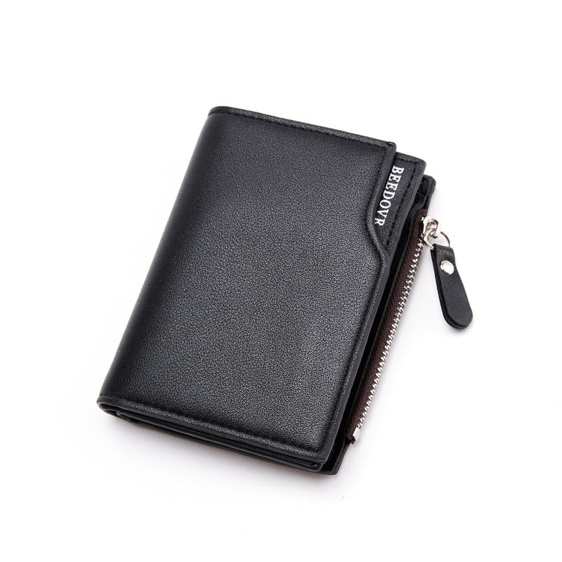 Black Men's Slim Vertical Bifold Wallet - PU Leather Card Holder with Zipper Coin Pocket and ID Window