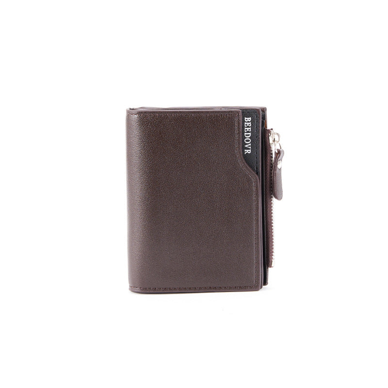 Brown Men's Slim Vertical Bifold Wallet - PU Leather Card Holder with Zipper Coin Pocket and ID Window