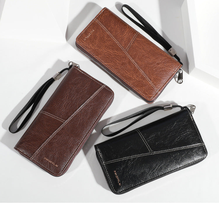 Black Men's Long Zipper Wallet Clutch - PU Leather Wristlet with Phone and Card Slots
