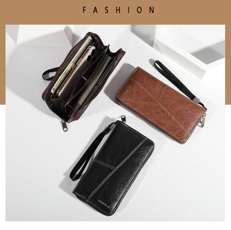 Black Men's Long Zipper Wallet Clutch - PU Leather Wristlet with Phone and Card Slots
