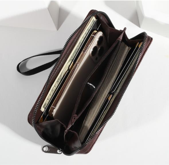 Brown Men's Long Zipper Wallet Clutch - PU Leather Wristlet with Phone and Card Slots