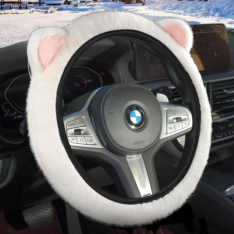 White Plush Cat Ear Steering Wheel Cover - Cute & Fuzzy Winter Grip, Universal 38cm Fit