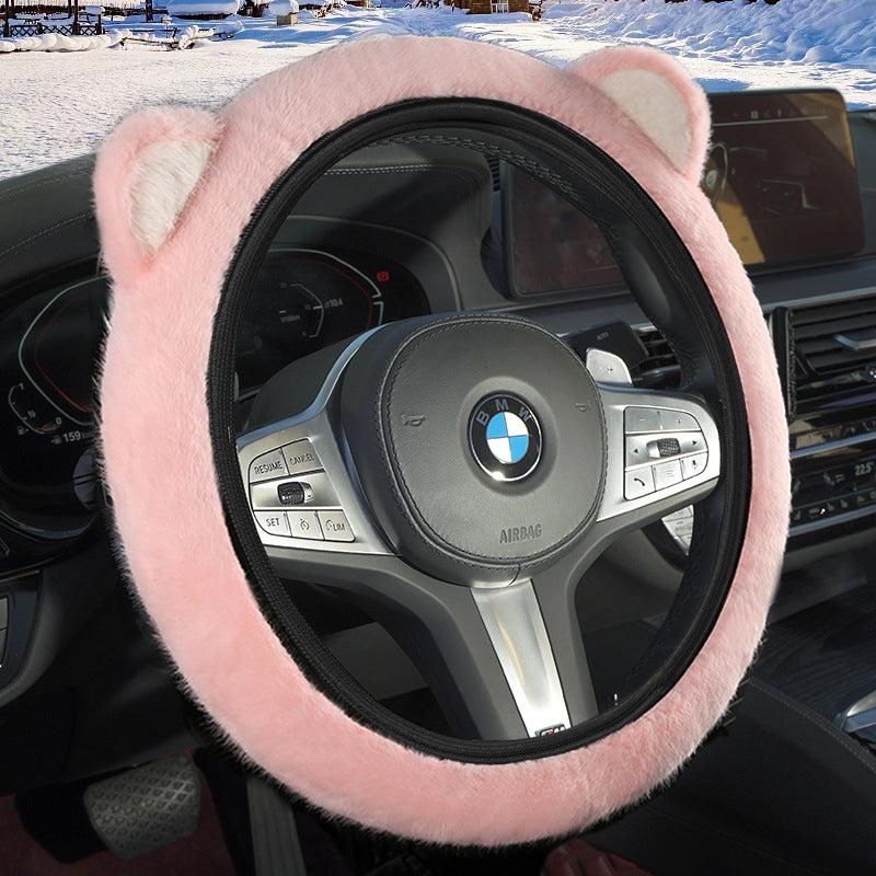 Pink Plush Cat Ear Steering Wheel Cover - Cute & Fuzzy Winter Grip, Universal 38cm Fit