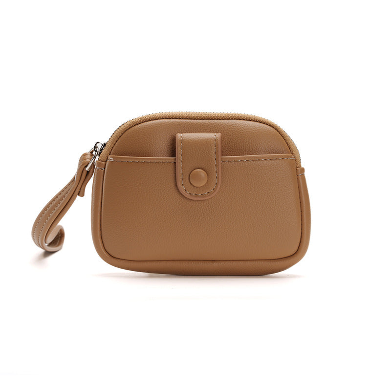 Khaki Womens Compact PU Leather Coin Purse - Stylish Mini Wallet Wristlet with Card Holder and Key Ring