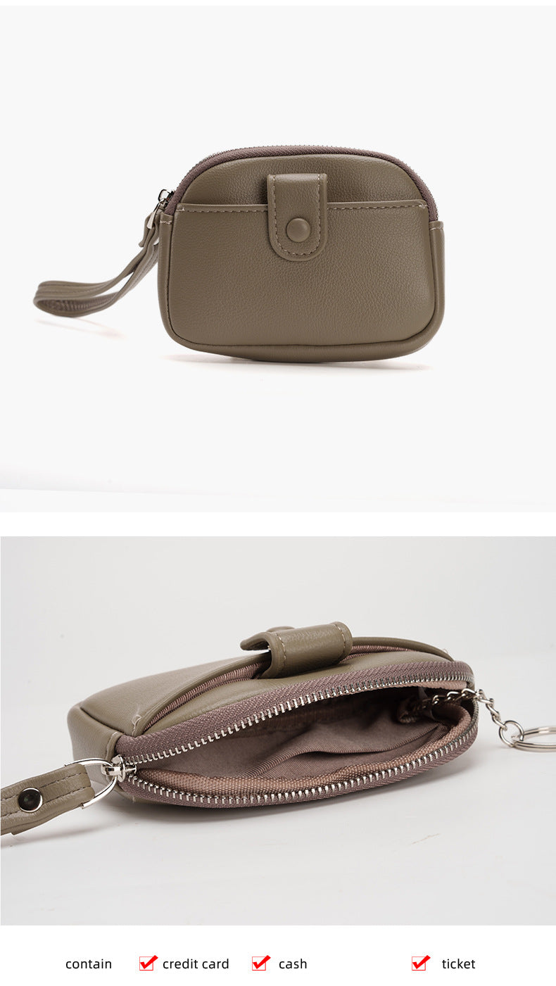 Khaki Womens Compact PU Leather Coin Purse - Stylish Mini Wallet Wristlet with Card Holder and Key Ring