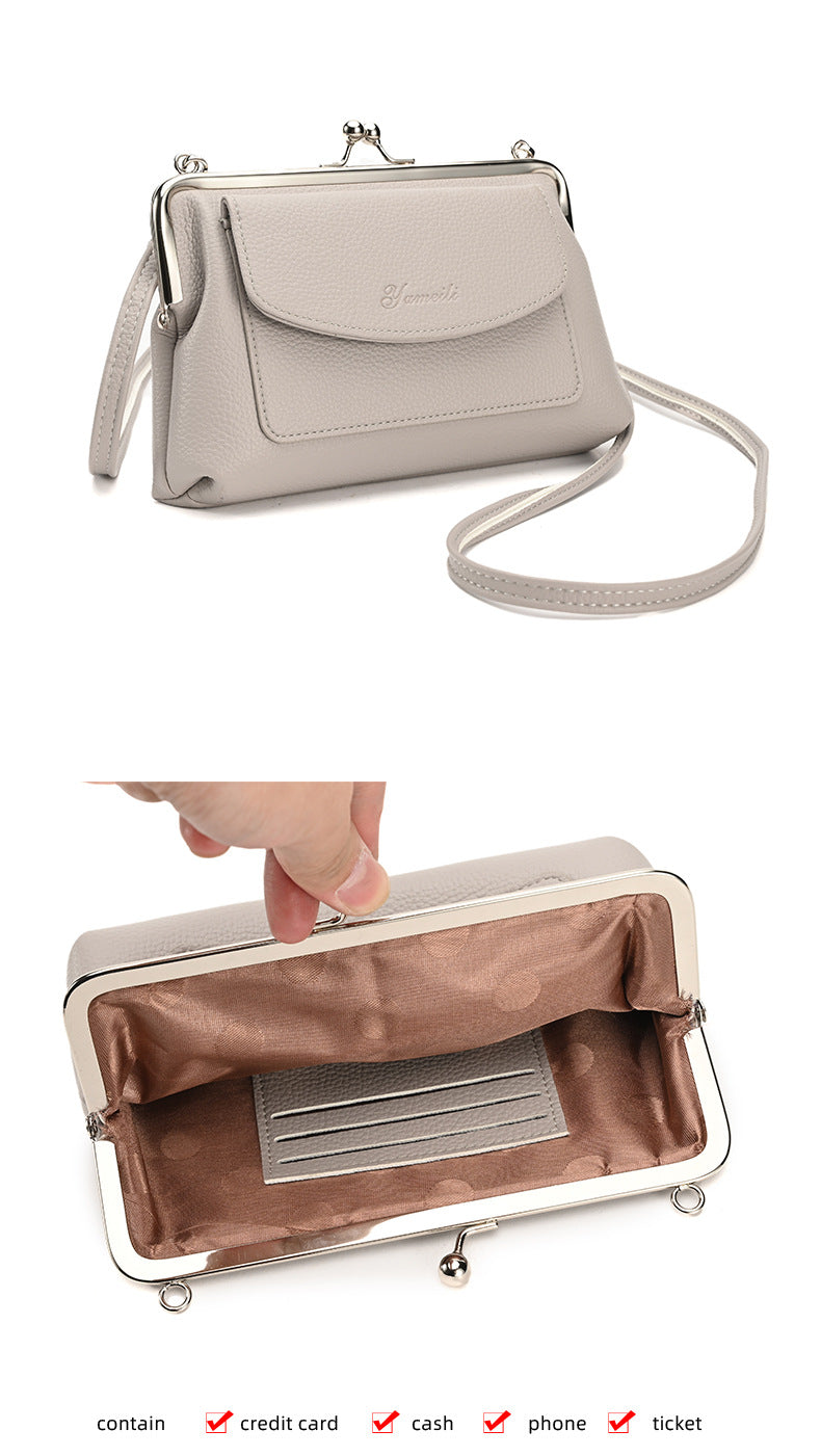 Blue Women's Vintage Kiss Lock Crossbody Bag - PU Leather Clutch Purse with Detachable Strap