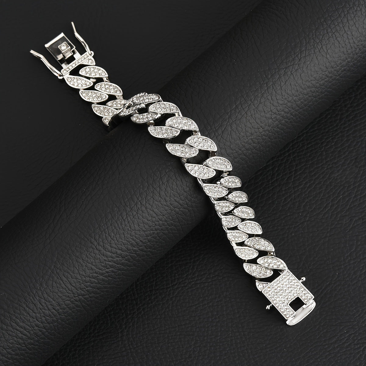 Silver 16mm Iced Out Cuban Link Bracelet - Heavy Paved Rhinestone Hip Hop Chain for Men
