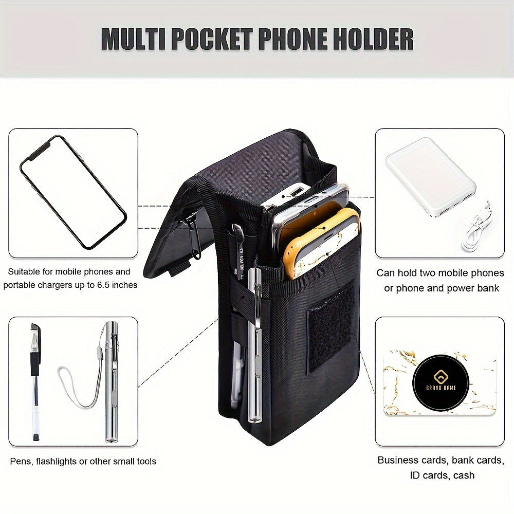 Black Heavy-Duty Tactical Phone Pouch - Multi-Pocket Belt Holster & Utility Waist Bag for Outdoor Work and EDC