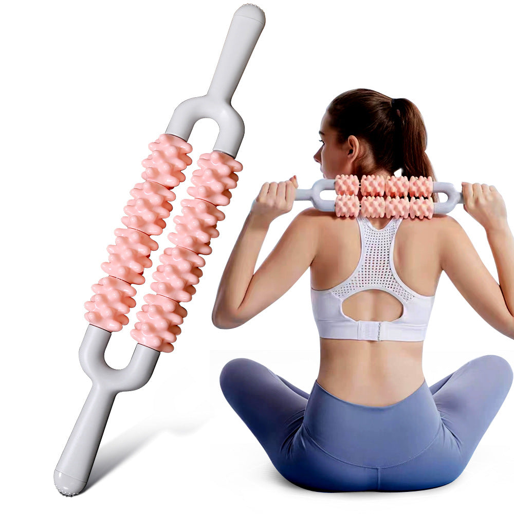 Pink and Grey Dual Row Spiky Muscle Roller Stick - Deep Tissue Massager for Back and Leg Recovery