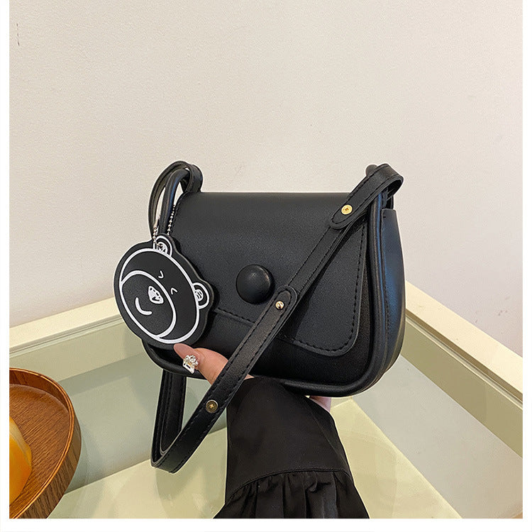 Black Chic PU Leather Crossbody Bag with Cute Bear Charm - Adjustable Strap Shoulder Purse