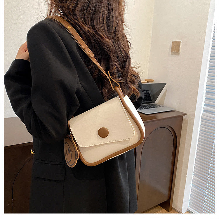 White and Brown Chic PU Leather Crossbody Bag with Cute Bear Charm - Adjustable Strap Shoulder Purse
