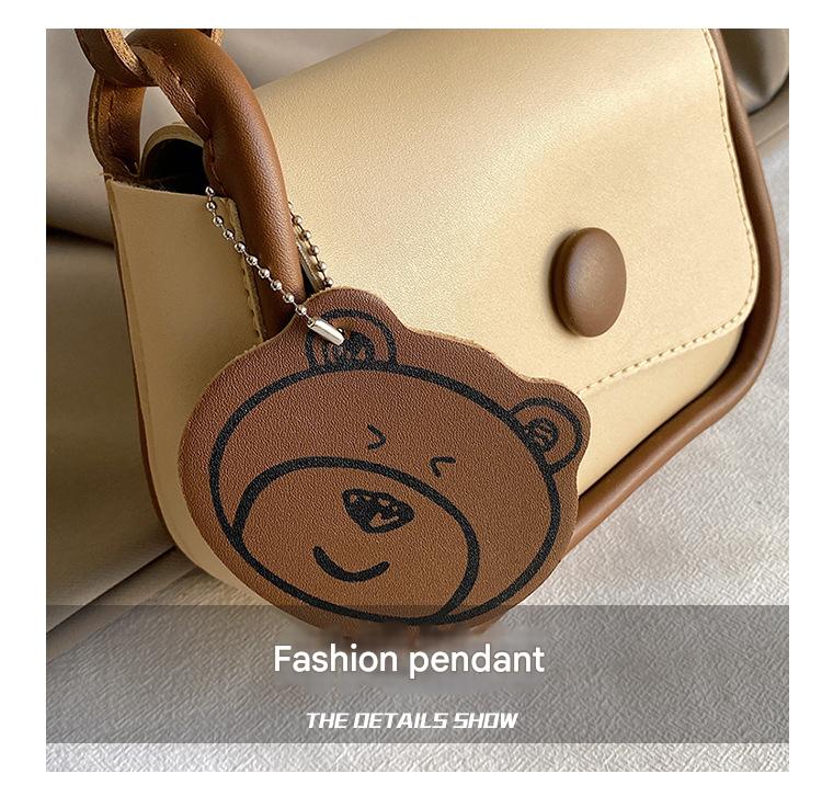 White and Brown Chic PU Leather Crossbody Bag with Cute Bear Charm - Adjustable Strap Shoulder Purse