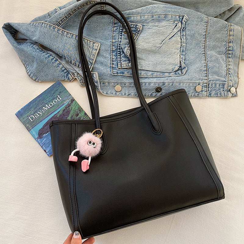 Black Chic Large Capacity Tote Bag - PU Leather Commuter Shoulder Handbag for Women