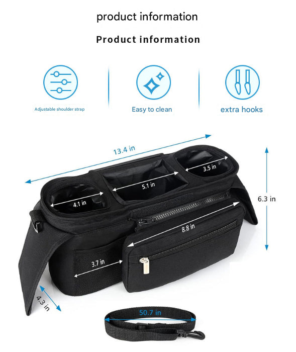 Blue Universal Stroller Organiser Caddy with Insulated Cup Holders and Detachable Wristlet