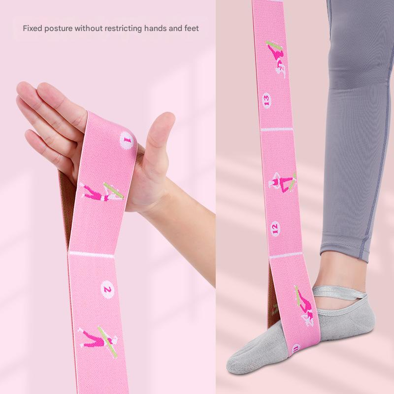 Pink Instructional Yoga Stretch Strap with Embroidered Pose Guide - 11-Loop Flexibility Band