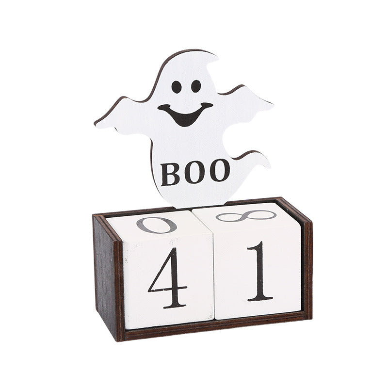 White Ghost Shape Festive Halloween Countdown Blocks - Reusable Wooden Perpetual Calendar for Desk Decor