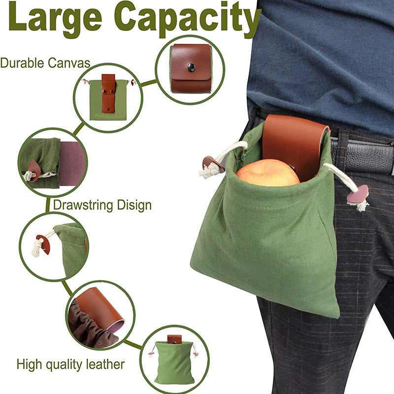 Black Collapsible Canvas Foraging Pouch - Hands-Free Belt Bag for Hiking & Camping Activities