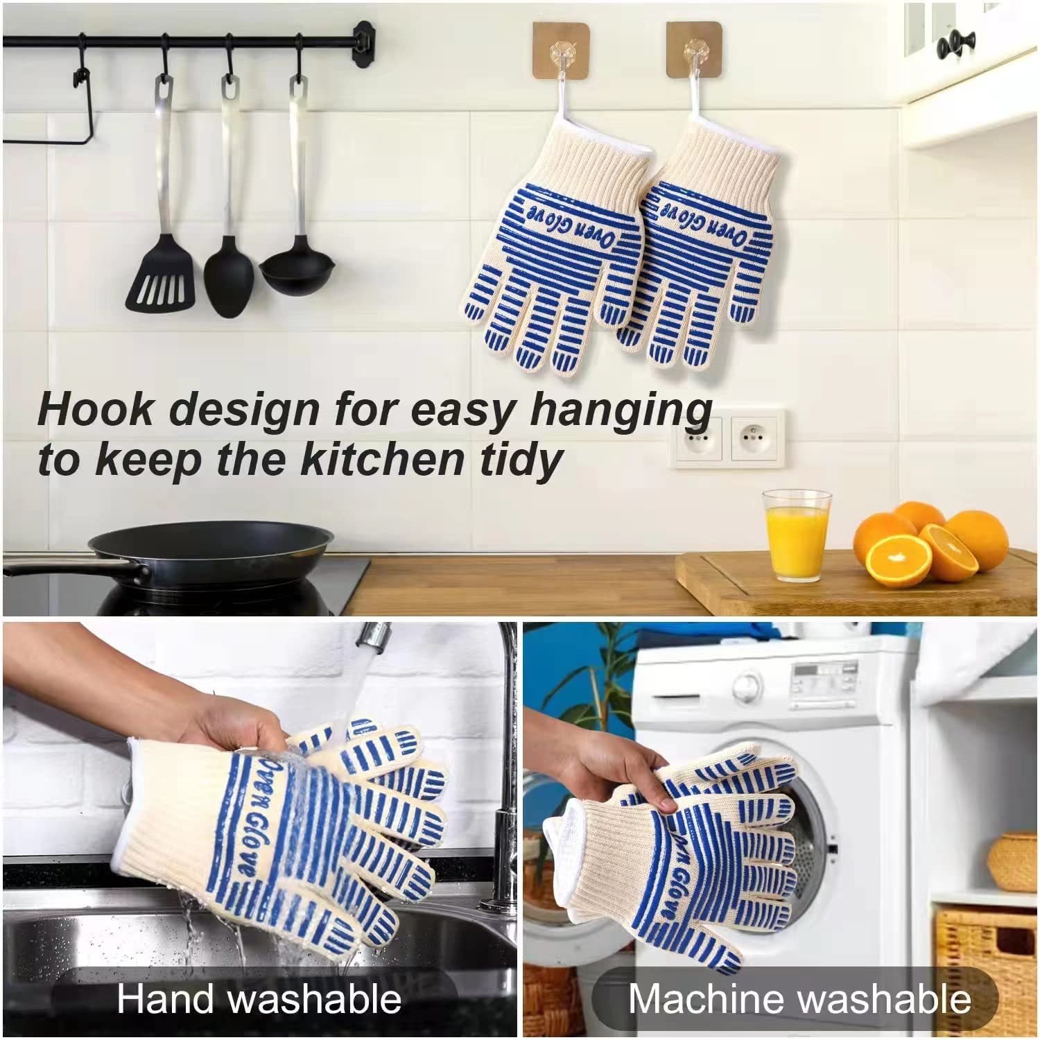 Blue and White Extreme Heat Resistant BBQ Gloves - Cut-Resistant Oven Mitts with Non-Slip Silicone Grip