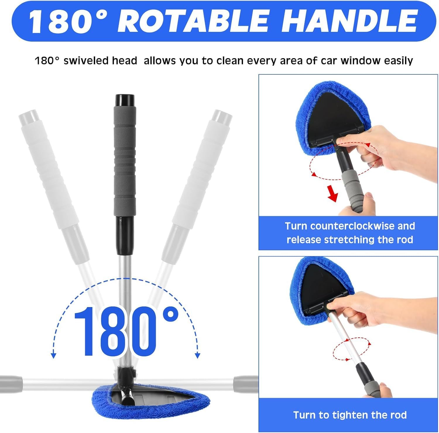 Green Car Windshield Cleaner Tool, Inside with 4 Reusable and Washable Microfiber Pads and Extendable Handle, Moisture Removal Tool