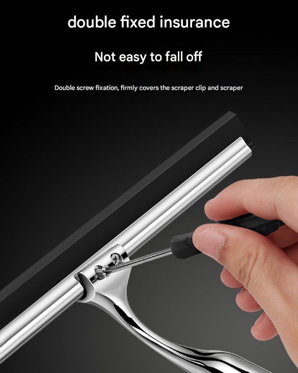 Silver Premium Stainless Steel Shower Squeegee with Adhesive Hook Holder - Streak-Free Blade for Glass Doors, Windows & Mirrors