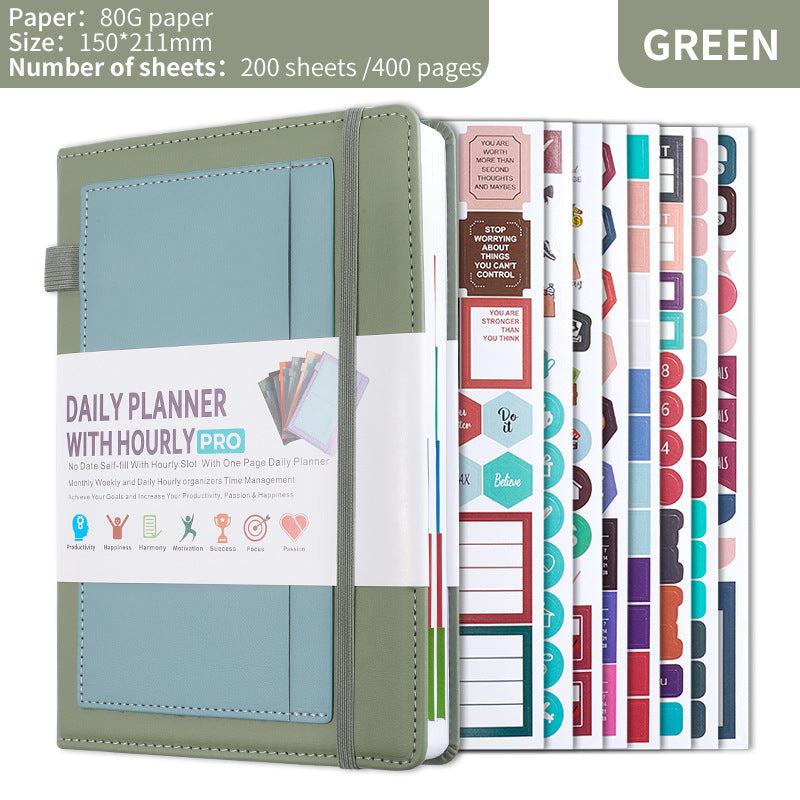Green A5 PU Leather Agenda for Productivity & Time Management-Undated Daily & Hourly Planner Pro