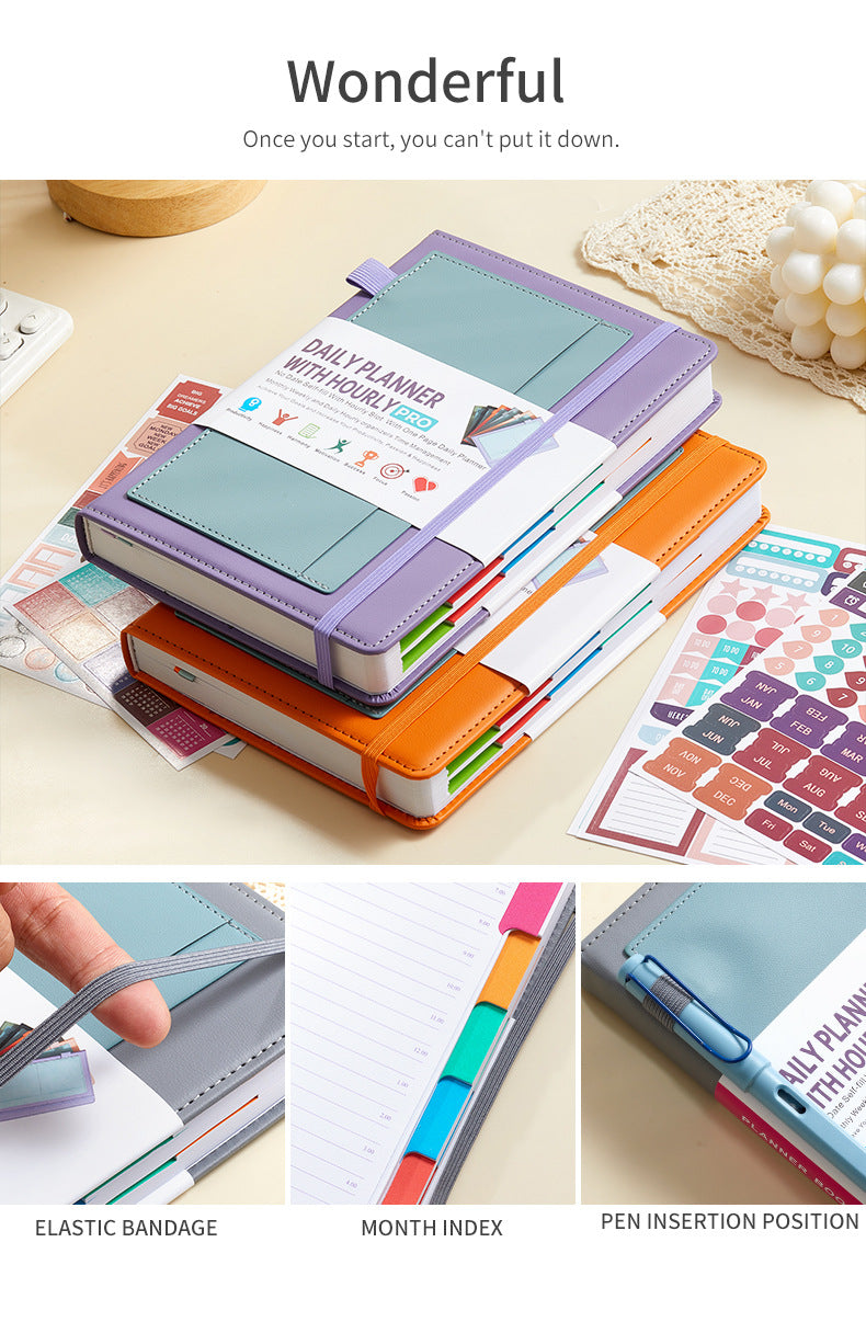 Grey A5 PU Leather Agenda for Productivity & Time Management-Undated Daily & Hourly Planner Pro