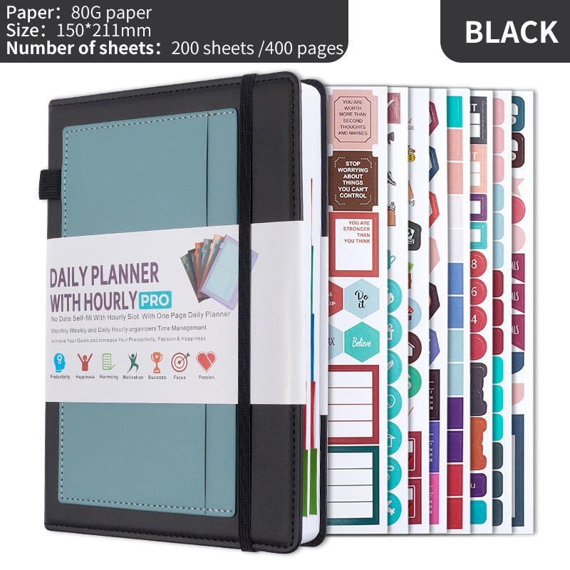 Black A5 PU Leather Agenda for Productivity & Time Management-Undated Daily & Hourly Planner Pro