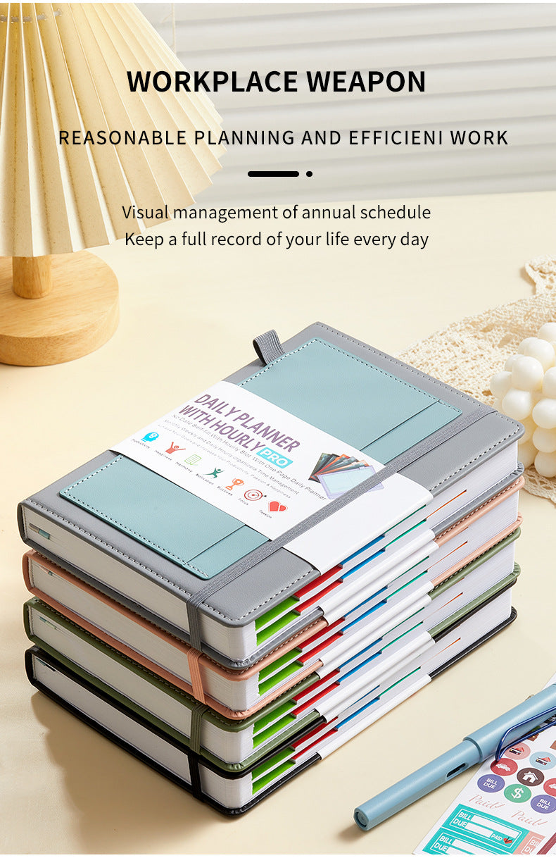 Black A5 PU Leather Agenda for Productivity & Time Management-Undated Daily & Hourly Planner Pro