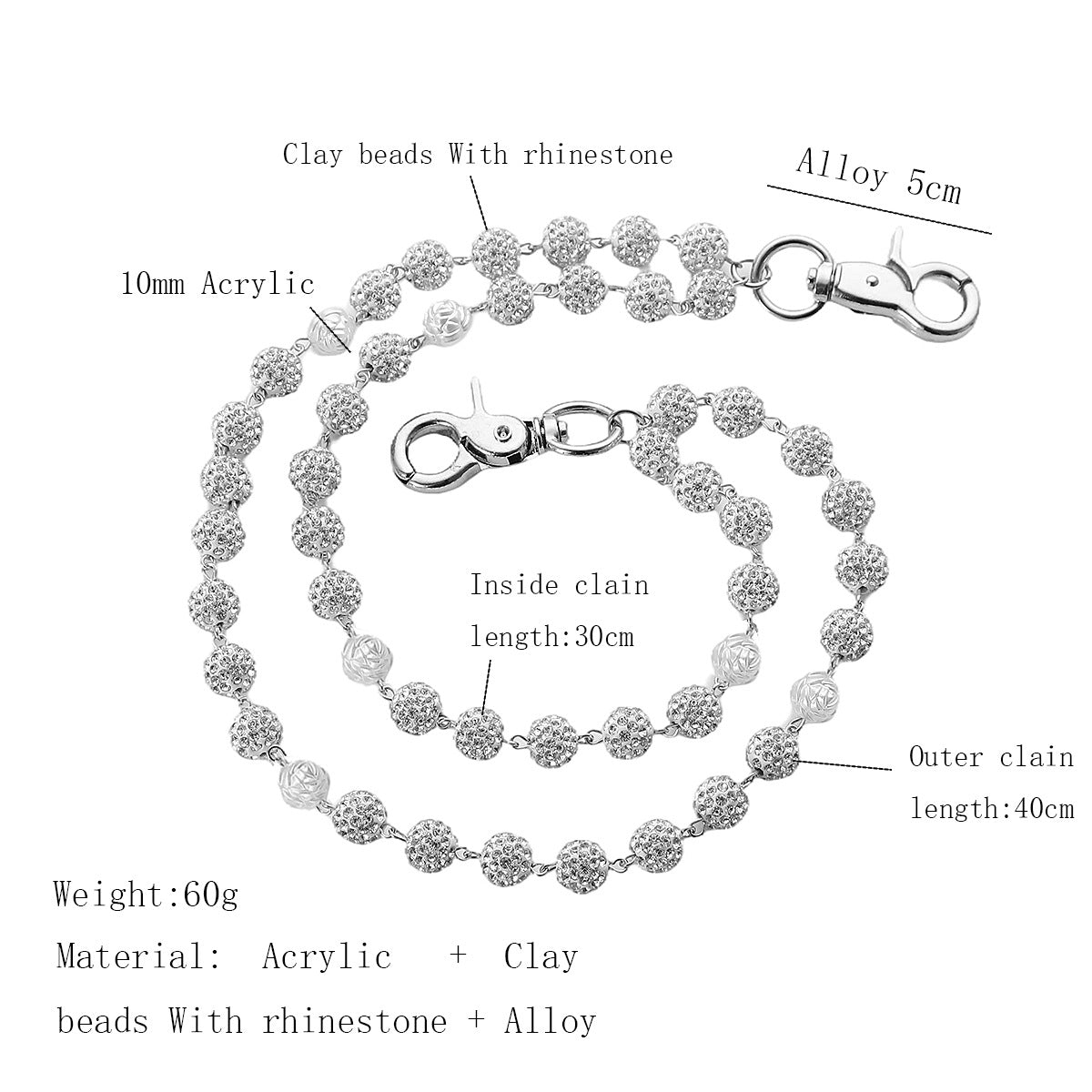 Silver and White Bling Rhinestone Beaded Wallet Chain - Double Layer Hip Hop Trouser Chain Jean Accessory(60g)