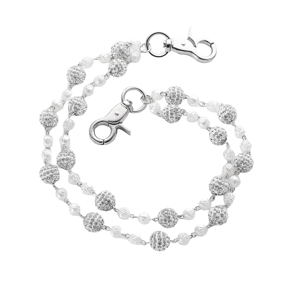 Silver and White Bling Rhinestone Beaded Wallet Chain - Double Layer Hip Hop Trouser Chain Jean Accessory(55g)