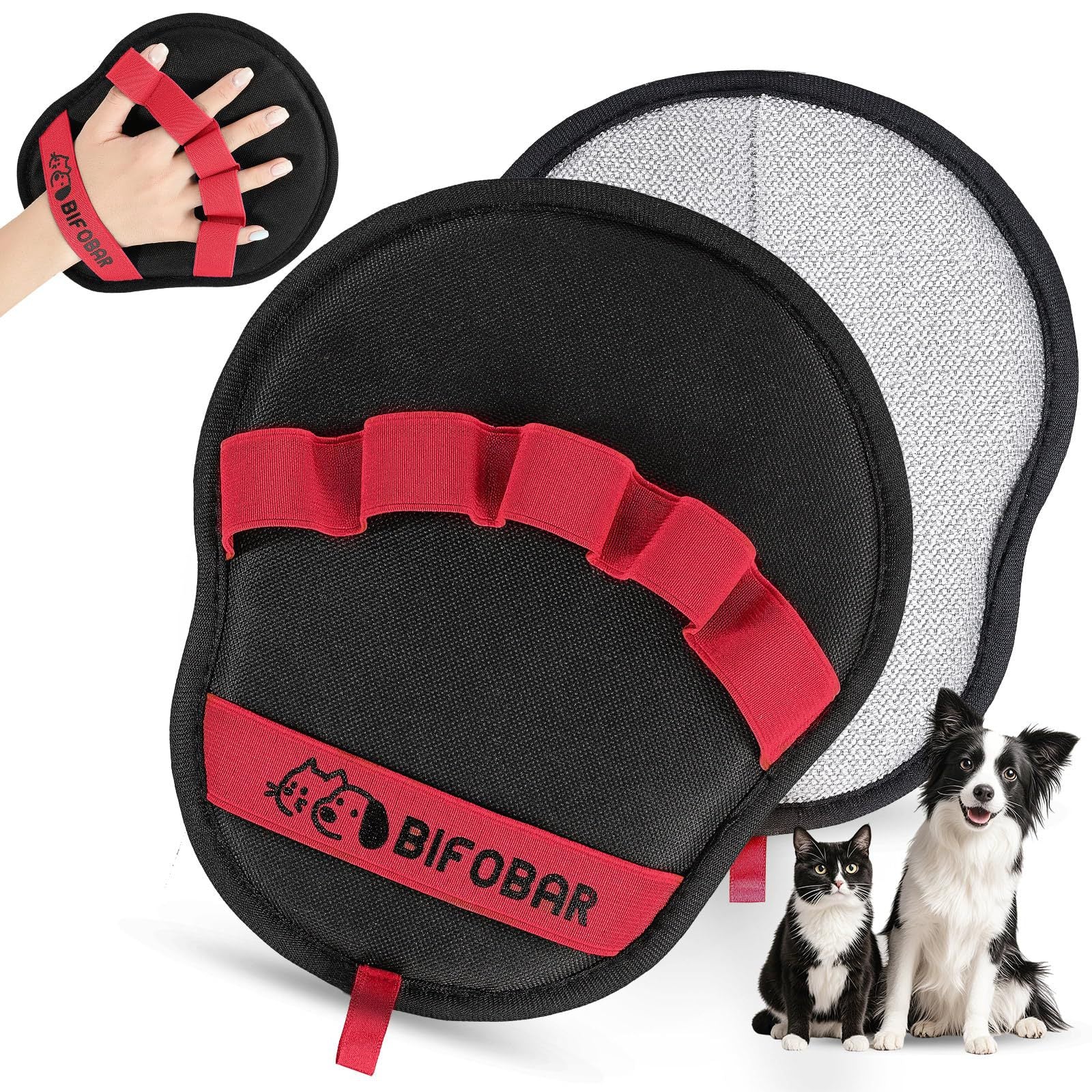 2-Pack Red and Black Pet Hair Remover Glove - Reusable Double-Sided Deshedding Glove for Dog & Cat Grooming, Sofa, Carpet & Clothes Cleaning
