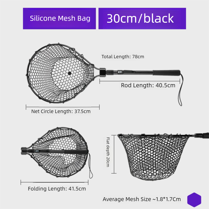 Black Folding Fishing Landing Net with Silicone Mesh - Telescopic Pole, Lightweight & Durable