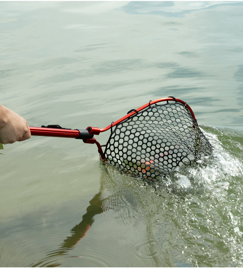 Black Folding Fishing Landing Net with Silicone Mesh - Telescopic Pole, Lightweight & Durable
