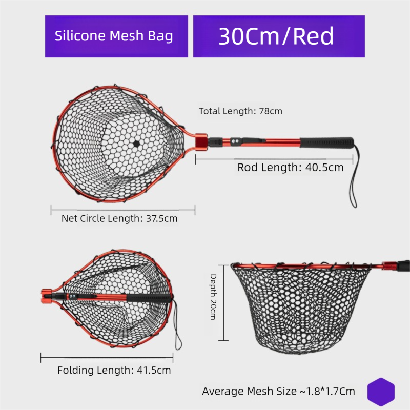 Red Folding Fishing Landing Net with Silicone Mesh - Telescopic Pole, Lightweight & Durable