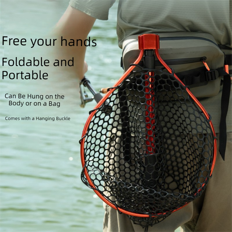 Red Folding Fishing Landing Net with Silicone Mesh - Telescopic Pole, Lightweight & Durable