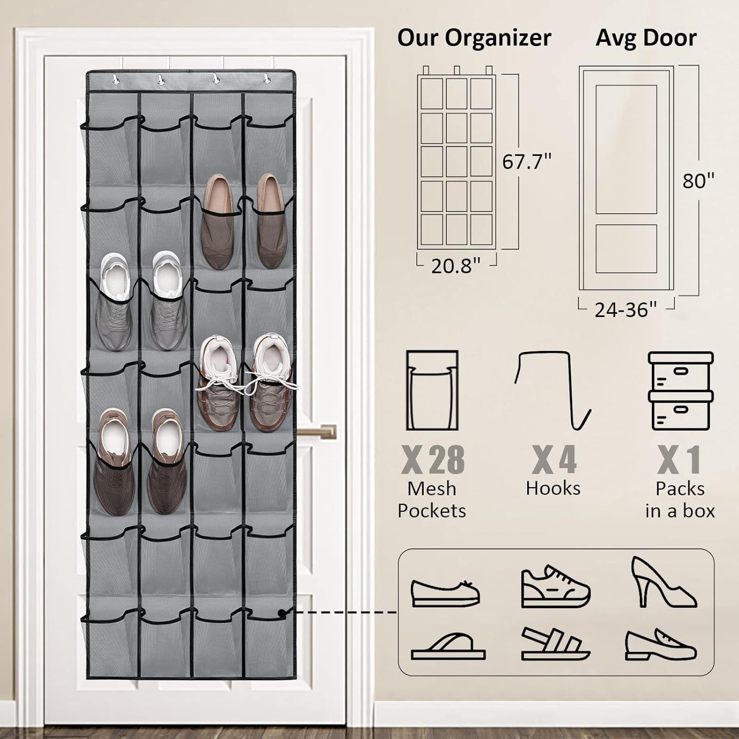 Black Over the Door Shoe Organizer with 24 Mesh Pockets - Space Saving Hanging Storage for Shoes, Accessories, Pantry