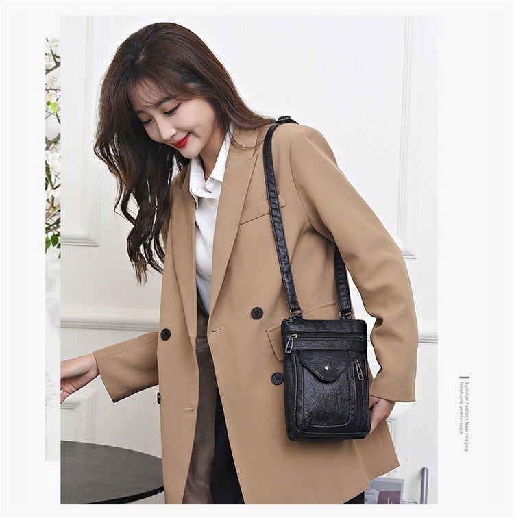 Black Women's Crossbody Bag Soft PU Leather Shoulder Phone Bag Vintage European Style Small Messenger Purse