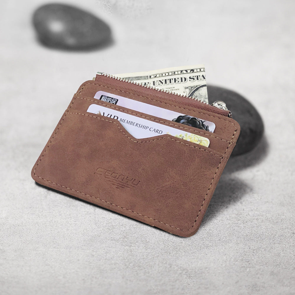 2 Pcs Black Men's Slim Frosted PU Leather Card Holder Wallet with Zip Coin Pocket Multi-Card ID Case