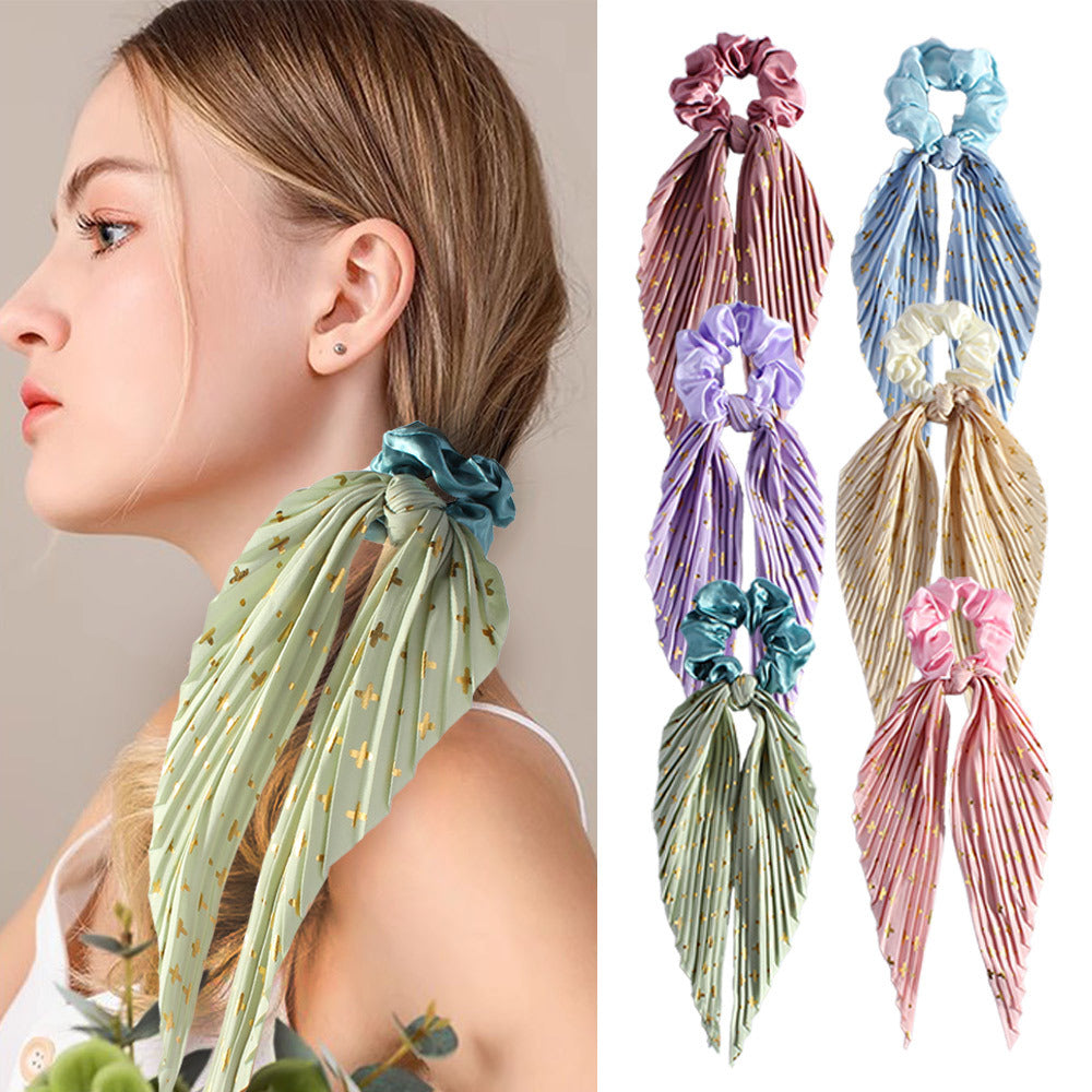 Handmade Pleated Scrunchie with Ribbon Ponytail Holder Hair Tie Hair Accessories 6 Colour Pack