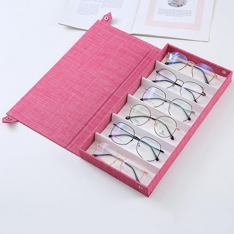 Pink Multi-Compartment Glasses Storage Box Dust-proof Fabric Eyewear Display Organiser with Snap Closure