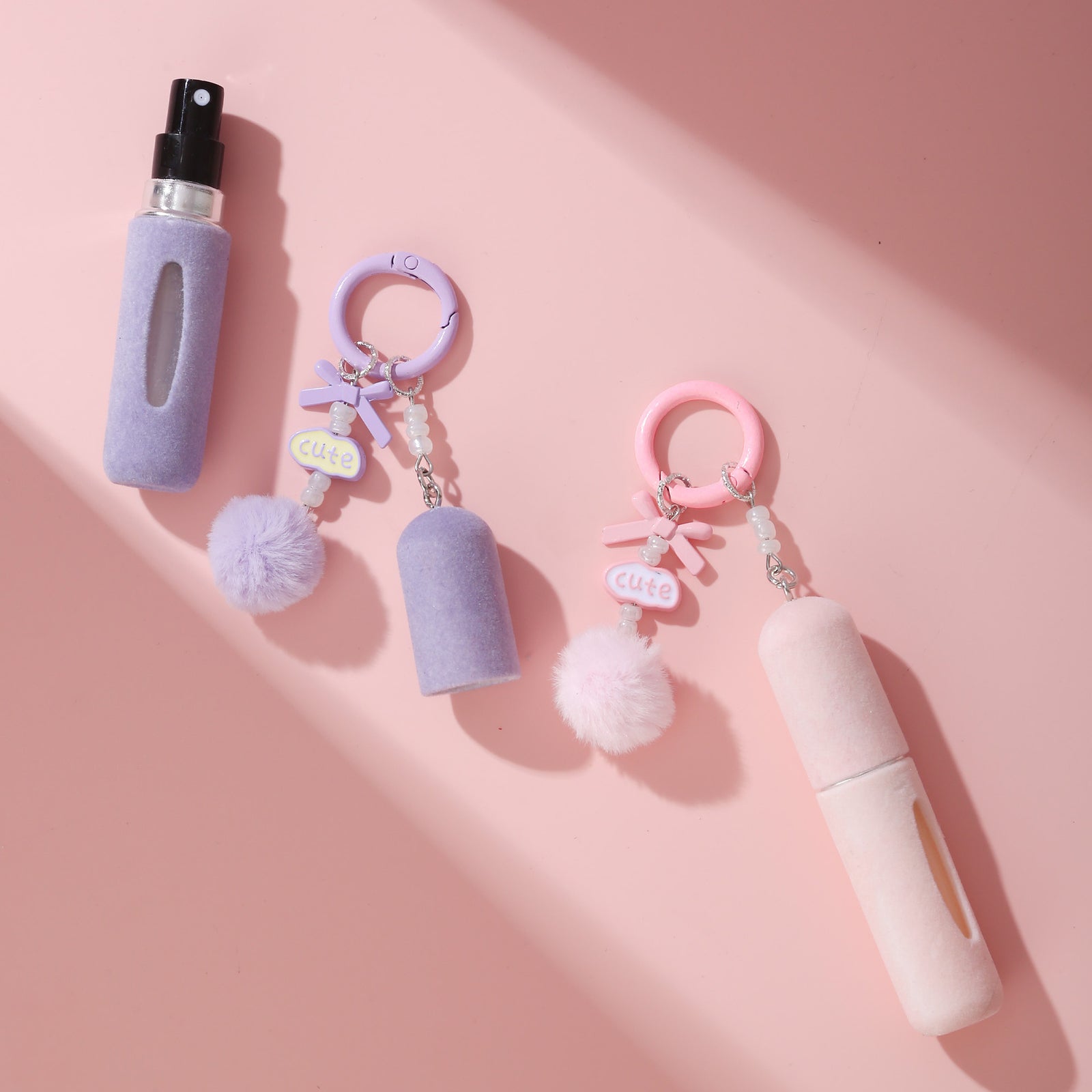 Purple 3 Pack Plush Perfume Atomiser Keychain - 5ml Portable Refillable Spray Bottle with Pom Pom Bag Charm