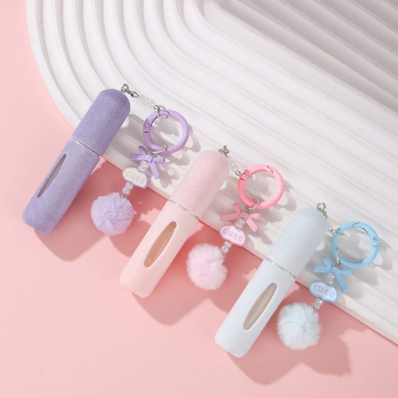 Blue 3 Pack Plush Perfume Atomiser Keychain - 5ml Portable Refillable Spray Bottle with Pom Pom Bag Charm