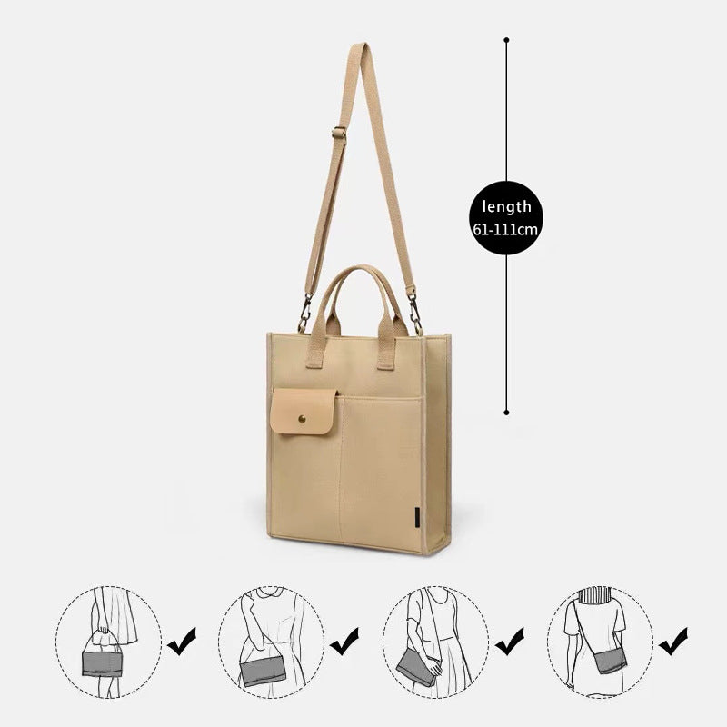 White Unisex Canvas Tote Bag - Structured Vertical Shoulder Satchel with Front Pocket - Lightweight Crossbody for Work, Uni & Daily Commute